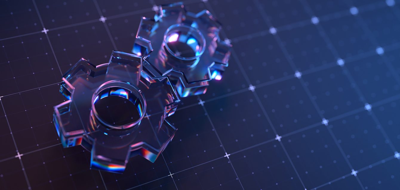 Futuristic Transparent Gears on Digital Grid Background in Neon Light