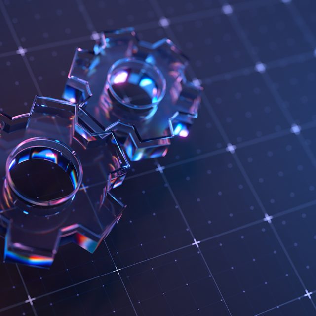 Futuristic Transparent Gears on Digital Grid Background in Neon Light