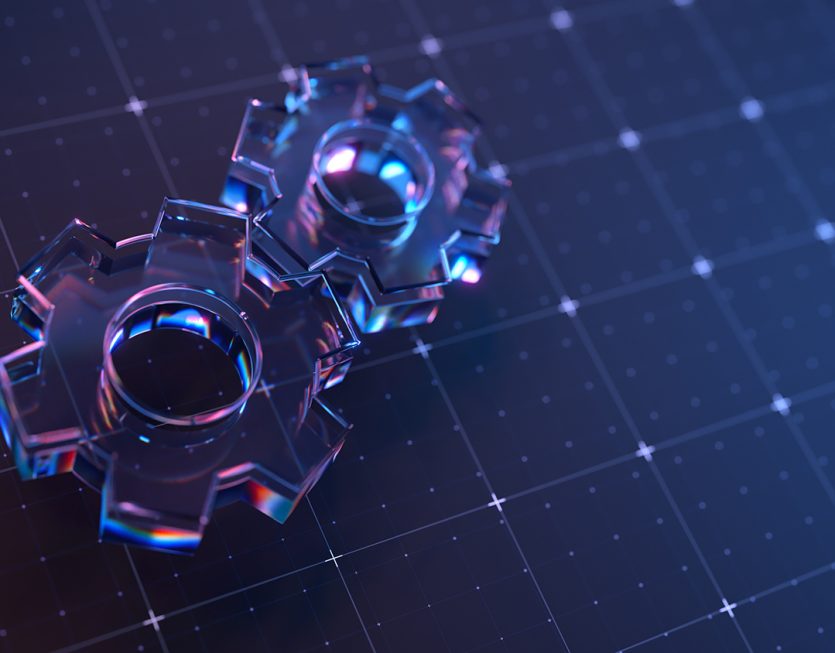Futuristic Transparent Gears on Digital Grid Background in Neon Light
